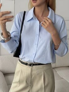 DAZY 女款純色休閒百搭日常穿著襯衫 - 藍色 - 查看 2