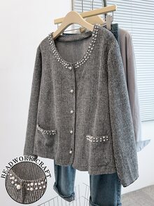 GlowEve CURVE Plus Size Women's Grey Mixed Texture Pearl Pocket Elegant Office Jacket, Suitable For Daily Outings, Commuting, Office - Black and White - View 7