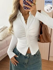 SHEIN EZwear 白色針織女款長袖百褶單排扣T恤 - 白色 - 查看 1