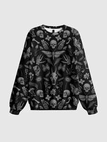ROMWE Dark Skull Forest Gothic Pullover Sweatshirt Plus Size - Black - View 1