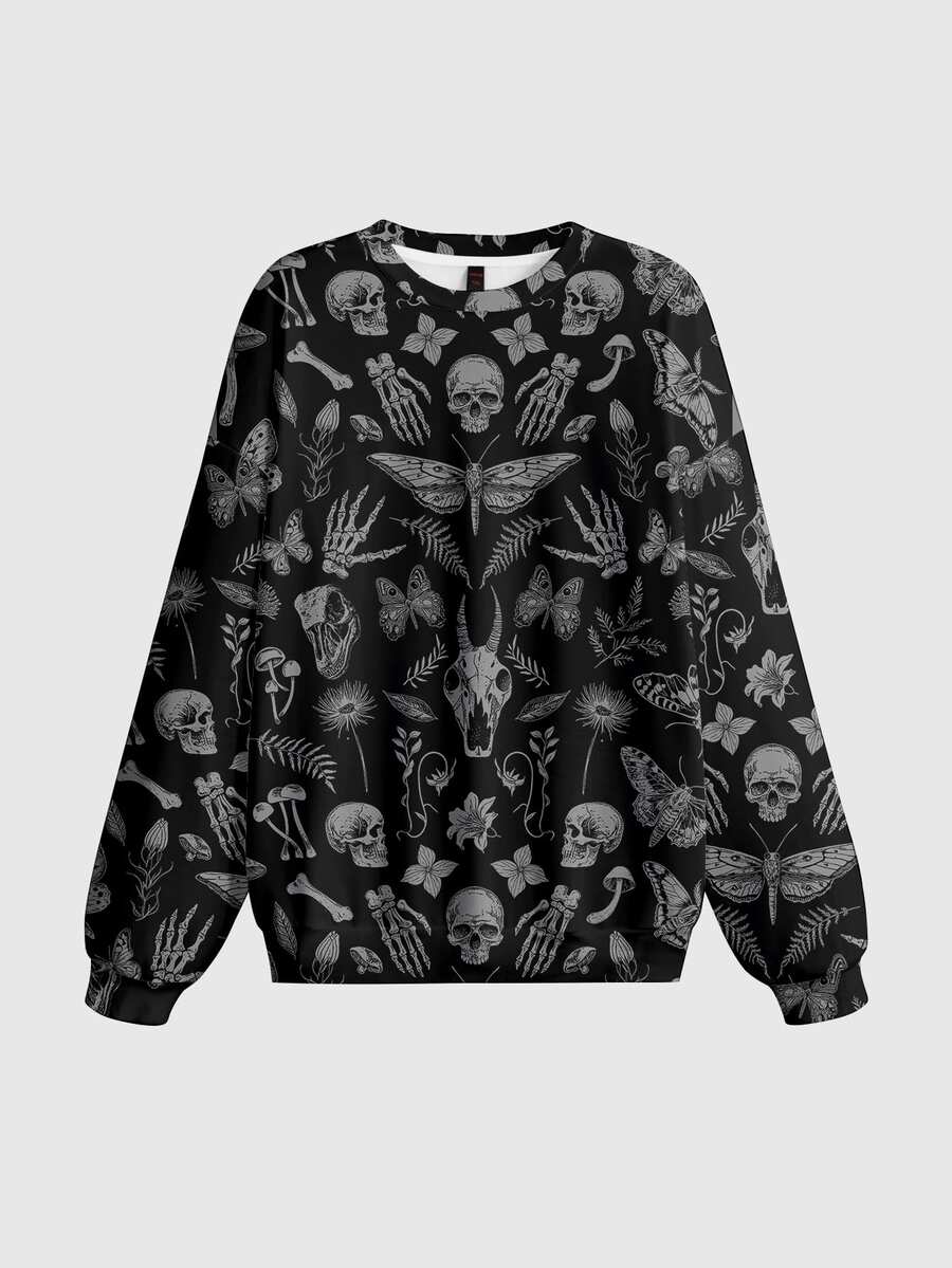 ROMWE Dark Skull Forest Gothic Pullover Sweatshirt Plus Size - Black - View 1