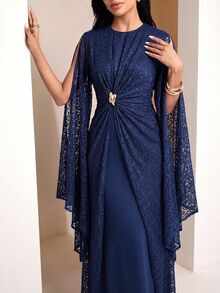 Veilorie Women's Round Neck Split Sleeve Waist Metal Decor Elegant Modest Lace Arabian Dress Ninang Wedding Christening Guest Fall - Royal Blue - View 4