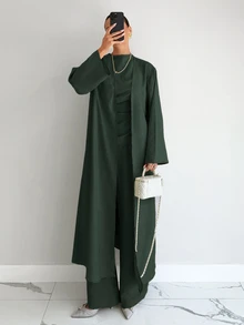 Siren Gaze Women's Solid Color Top, Pants And Robe Set - Dark Green - View 4