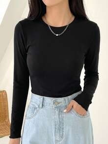 DAZY Women's Solid Color Round Neck Long Sleeve Casual Versatile T-Shirt - Black - View 7