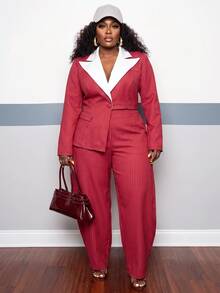 Slaydiva Plus Size Button Asymmetric Hem Long Sleeve Jacket And Striped Pants Suit Set - Red and White - View 7