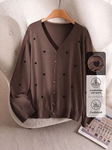 CosyJoli 女款大尺碼復古愛心刺繡鈕扣針織開襟衫 - 咖啡棕 - 查看 1
