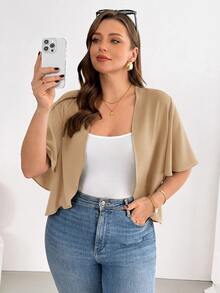SHEIN Essnce 大尺碼女款素色短袖開襟輕便外套 - 摩卡棕 - 查看 4
