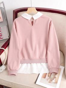 SHEIN 青少年女孩襯衫領刺繡小馬圖案秋冬衛衣 2合1拼接款 - 粉色 - 查看 6
