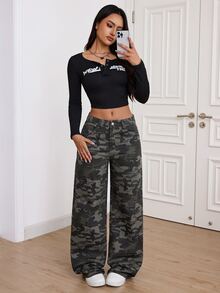 SHEIN Tall 女款迷彩寬腿寬鬆休閒牛仔褲，附口袋 - 軍綠色 - 查看 6