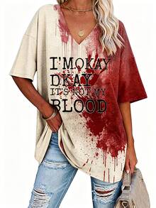 EMERY ROSE 女款 Bloody Problem Solved 萬聖節印花 V 領 T 恤 - 彩色 - 查看 1