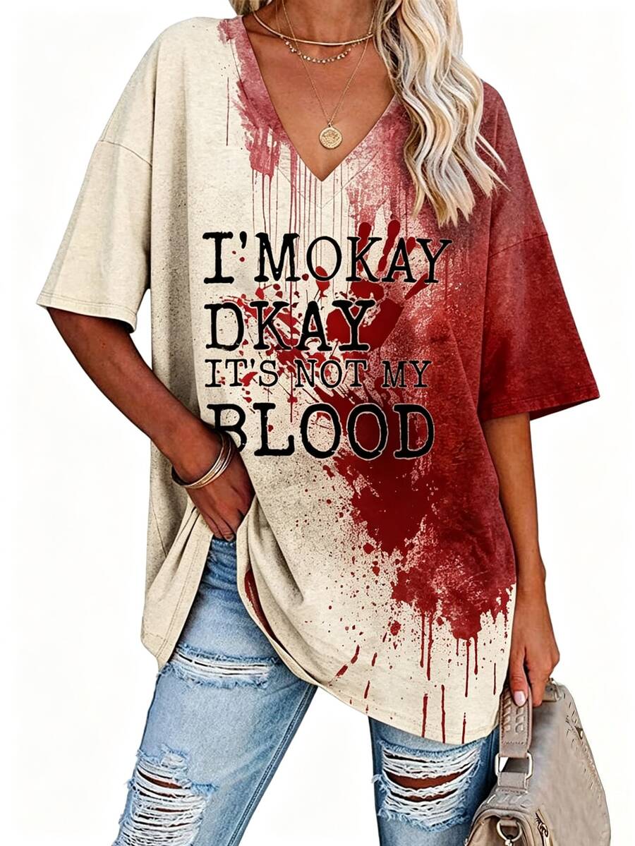 EMERY ROSE 女款 Bloody Problem Solved 萬聖節印花 V 領 T 恤 - 彩色 - 查看 1