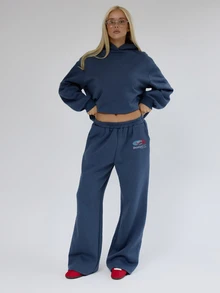 MUSERA Graphic Logo Printed Elasticated Waist Loose Fit Wide Leg Coord Jogger Bottom  Fall Autumn Winter Cute City Holiday Coolgirl Back To School Blancs - Navy Blue - View 1