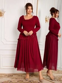 Modelyn Women's Elegant Floral Square Neckline Decor Fitted Elegant Plus Size Long Sleeve Dress - Burgundy - View 5