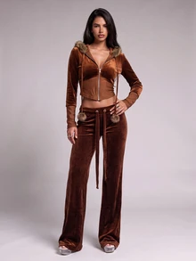 Nooralise Fashionable Hot Girl Y2K Brown Velvet Patchwork Faux Fur Hooded Slim Fit Jacket With Pom Pom Rope Decoration And Flared Long Pants 2 Pieces Set - Brown - View 6