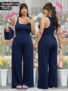 Sunnyshic Women's Plus Size Solid Color Pleated Casual Daily Sports Jumpsuit - Royal Blue - View 3
