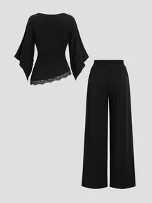 Sweetra Women's New Fashion Versatile Knit V-Neck Top With Lace Patchwork And Straight Leg Pants, Casual 2 Pieces Set, Black - Black - View 2