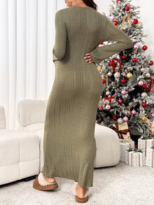 SHEIN Maternity Solid Color Round Neck Long Sleeve Casual Ribbed Knit Dress - Green - View 4
