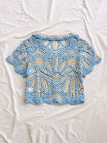 Soleia 女款度假海灘風藍色對比滾邊刺繡針織上衣 - 彩色 - 查看 2