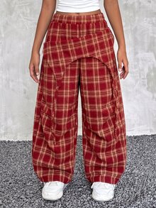 Kids Tween Girl Deconstructed Design Plaid Wide Leg Loose Long Pants - Red - View 3