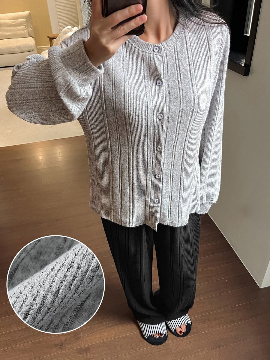 DAZY Women's Solid Color Long Sleeve Top And Pants Casual Daily Homewear Set - Grey - View 1