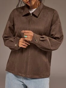 Freevana Plus Size Casual Versatile Jacket For Autumn Fall - Coffee Brown - View 6