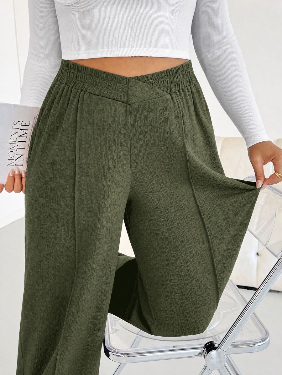 SHEIN Essnce Plus Size Women's Solid Color Casual Baggy Elegant Versatile Everyday Long Pants Fall Formal Vacation Olive Green Home Birthday - Army Green - View 1