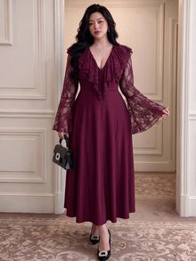 Vibekara Gaun Pesta Wanita Elegan Model A-Line Lengan Panjang Warna Burgundy untuk Musim Semi, Gugur, dan Musim Dingin. - Red Violet - View 7