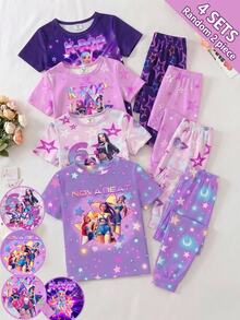 SHEIN 少女卡通印花短袖上衣與長褲休閒居家睡衣套裝 - 紫色 - 查看 4