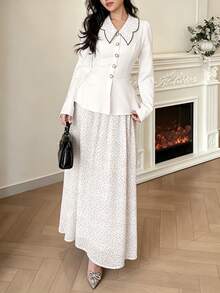 Modelyn Set 2 Potong Blus dan Rok Motif Polkadot Elegan untuk Wanita untuk Beraktivitas di Luar Rumah - Putih - View 4