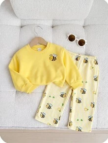 SHEIN 2pcs Baby Girl Floral Pattern Knit Soft Crew Neck Long Sleeve Sweatshirt And Long Autumn Pants Set - Yellow - View 4