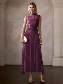 MOTF PREMIUM FRENCH STYLE SLEEVELESS HIGH NECK RUCHED CINCHED WAIST LONG DRESS FOR WOMEN - Red Violet - View 4