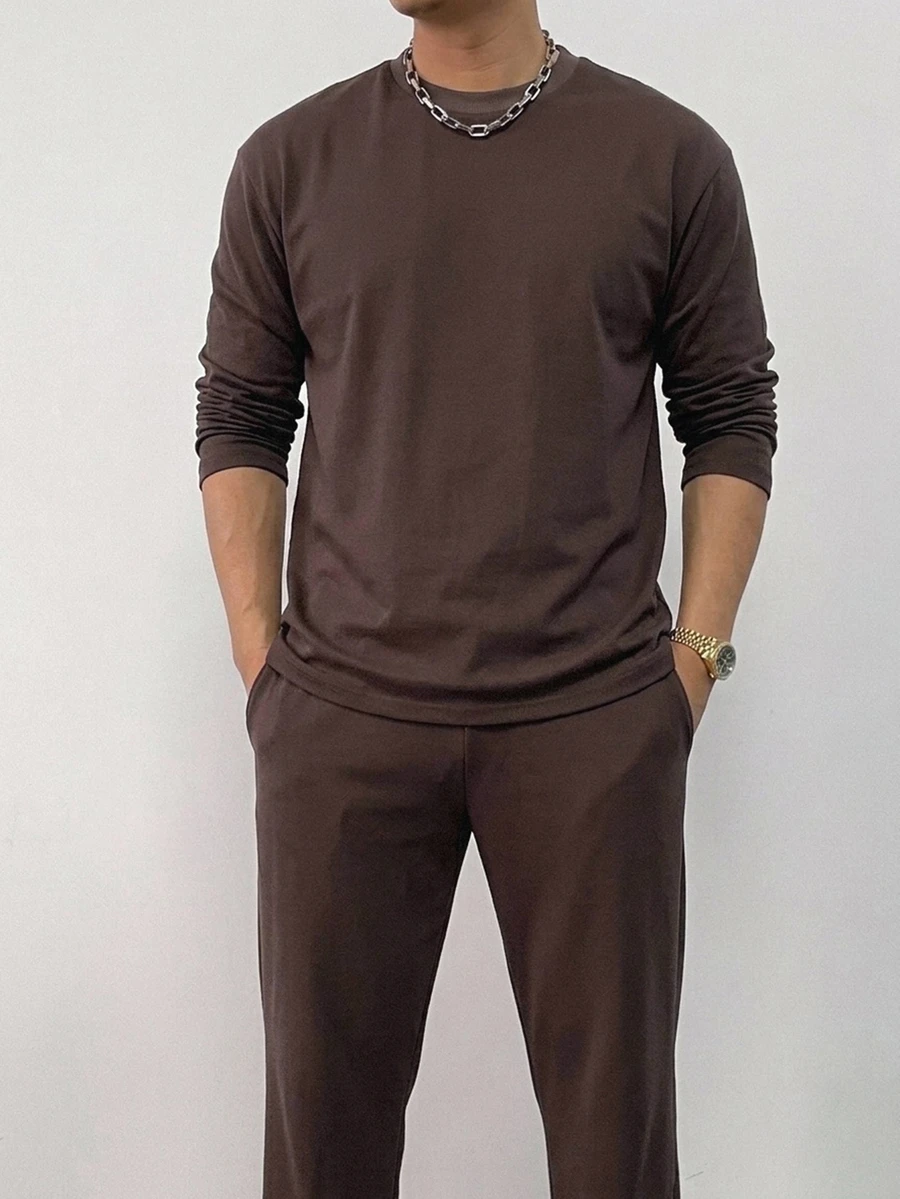 DAZY Conjunto de camiseta de manga larga y pantalones largos con cintura elástica para hombre, primavera/otoño - Marrón - Ver 1