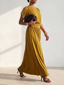 Zivah Women's Solid Color Round Neck Batwing Short Sleeve Elegant Long Dress - Mustard Yellow - View 7