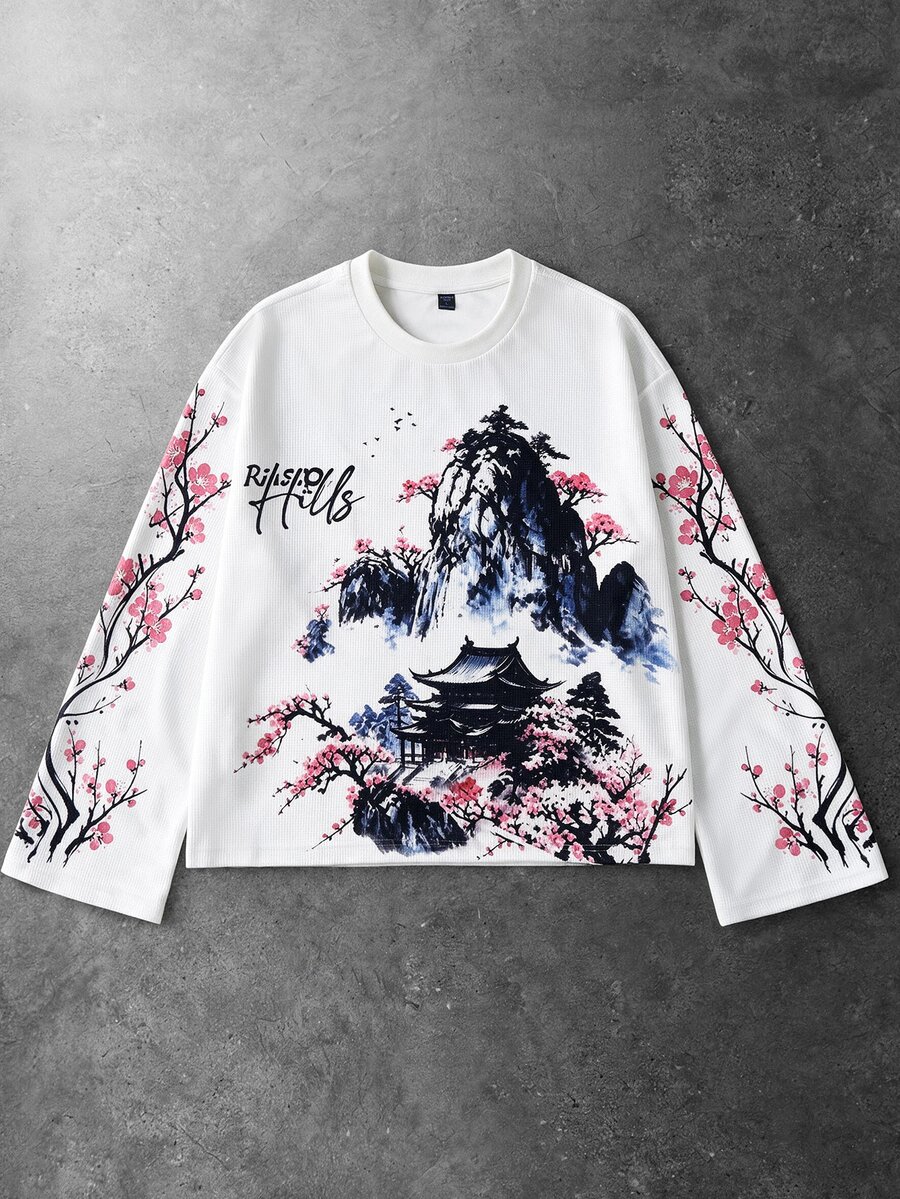 ROMWE MEN Street Life Men's Landscape Pattern Casual Long Sleeve Floral Colorblock Urban Pullover T-Shirt, Suitable For Friends, Autumn/Winter - White - View 1