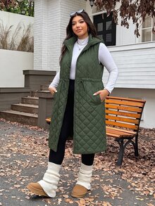 SHEIN EZwear 秋冬大尺碼加厚腰部抽繩可調節寬鬆長版外套，雙面穿 - 軍綠色 - 查看 3
