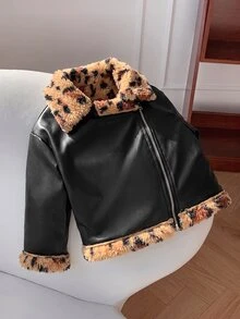 SHEIN 女嬰秋冬可愛百搭拼色保暖內裡人造毛皮夾克 皮革羊羔毛 秋季百搭街頭風豹紋 - 黑色 - 查看 6