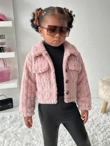 Baby Girl Pink Ribbed Fuzzy Thick Warm Turn-Down Collar Short Jacket, Pocket Decor, Suitable For Autumn/Winter Outdoor Wear - Pink - View 7