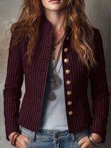 Solivie Women's Autumn Fashion Striped Jacket - Burgundy - View 1