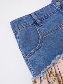 GlowEve 女款拼接花卉圖案毛邊休閒牛仔裙 - 藍色 - 查看 5