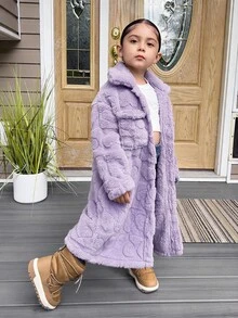 女童純色休閒珊瑚心絨毛中長版翻領長袖外套，適合秋冬穿著 - 紫色 - 查看 6