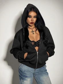 SHEIN ICON Women's Black Oversized Gothic Sexy Zip Up Rhinestone Bling Patchwork Casual Everyday Hooded Sweatshirt - Black - View 2