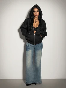SHEIN ICON Women's Black Oversized Gothic Sexy Zip Up Rhinestone Bling Patchwork Casual Everyday Hooded Sweatshirt - Black - View 5