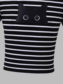 SHEIN Tween Girl Slim Fit Casual Cropped Knit Cat Print Striped T-Shirt With Sleeves - Black and White - View 4
