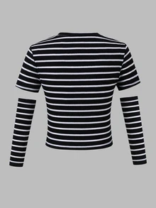 SHEIN Tween Girl Slim Fit Casual Cropped Knit Cat Print Striped T-Shirt With Sleeves - Black and White - View 2