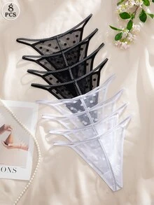 Nora Wilde 8pcs Black & White Women's Comfortable Personalized Thong Panties Set - Black and White - View 2
