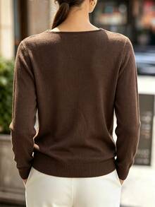 SHEIN Women's Lace Patchwork Casual Daily Long Sleeve Sweater - Brown - View 2