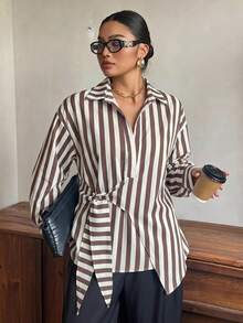 Dazy Plus Solid Color Lapel Half-Open Front Hem Tie White Long Sleeve Shirt Plus Size Women Spring Autumn - Khaki - View 6