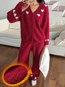 DAZY Women's 2-Piece Heart Pattern Loose Cardigan Long Sleeve Knit Top And Straight Leg Long Pants Pajama Set, Autumn/Winter - Red - View 3