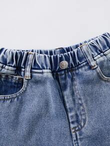 SHEIN 少女刷毛牛仔長褲，可愛休閒街頭時尚度假設計，百搭淺色水洗藍，極簡全鬆緊腰頭口袋雪花洗水洗水保暖內裡無彈力寬鬆牛仔褲，舒適棉質牛仔面料，適合日常穿著、派對、上學、通勤，2026秋冬新款 - 淺色水洗藍 - 查看 7