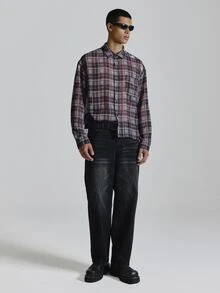Musero Oversized Crop Long Sleeve Shirt In Textured Check Fabric Drop Shoulder Patch Chest Pocket Autum Winter Essentials - Purple - View 3